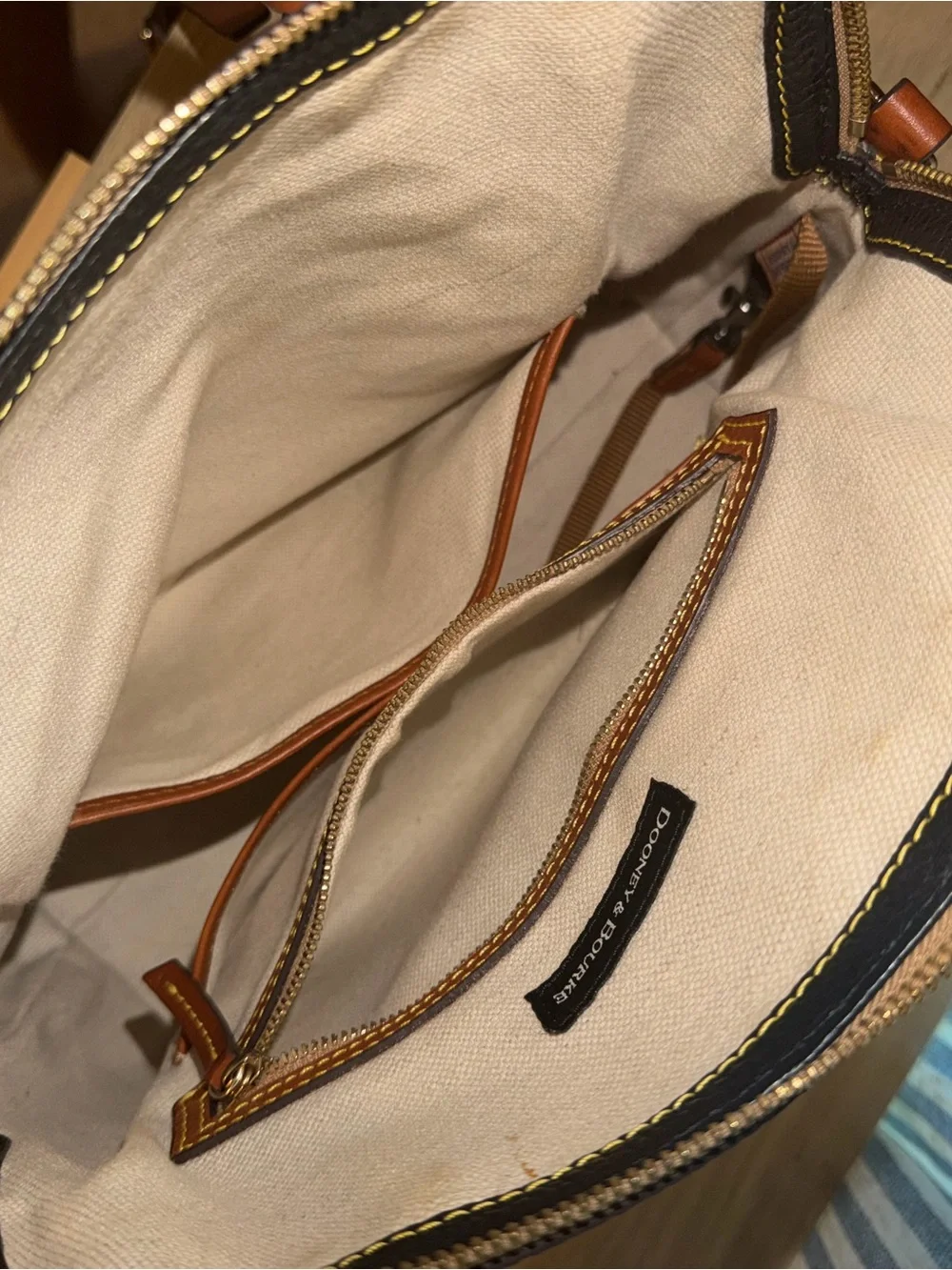 Dooney & Bourke Black Pebbled Leather Satchel with Tan Trim